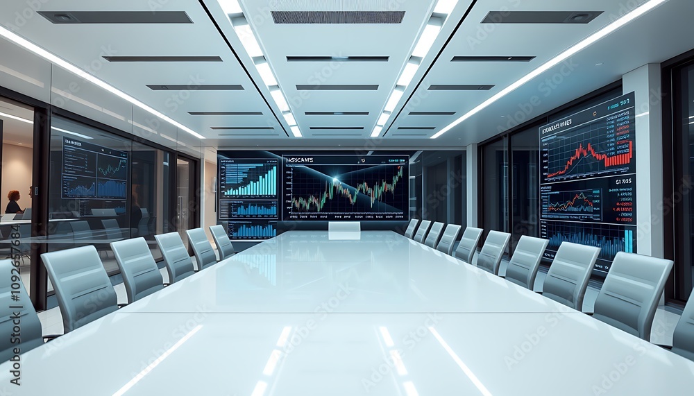 Poster a sleek office setting with transparent digital screens displaying business analytics, graphs, and s