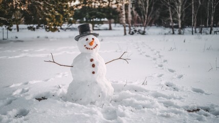 Fototapeta premium Cheerful snowman standing in a snowy field with a forest and mountain range in the background.