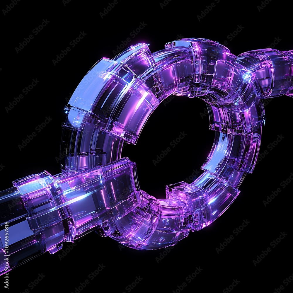 Poster abstract purple glass tunnel with luminous reflections showcasing intricate patterns, creating a fut