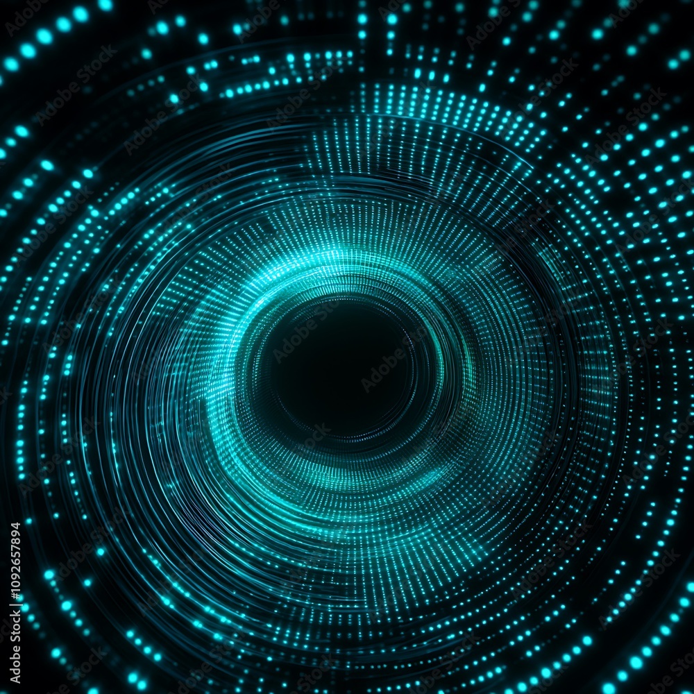 Poster abstract representation of a dynamic data tunnel with glowing blue dots and smooth lines swirling to