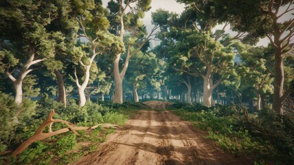 Fototapeta premium Serene forest path surrounded by lush green trees under soft sunlight. 