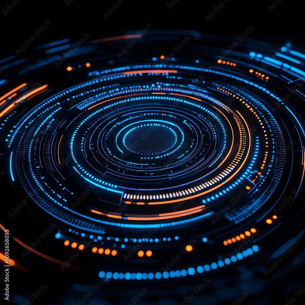 Poster abstract representation of futuristic technology with circular patterns in neon blue and orange colo