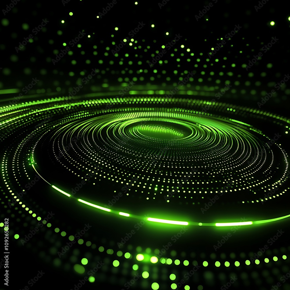 Poster abstract swirling green light patterns with shimmering dots creating a mesmerizing optical illusion 