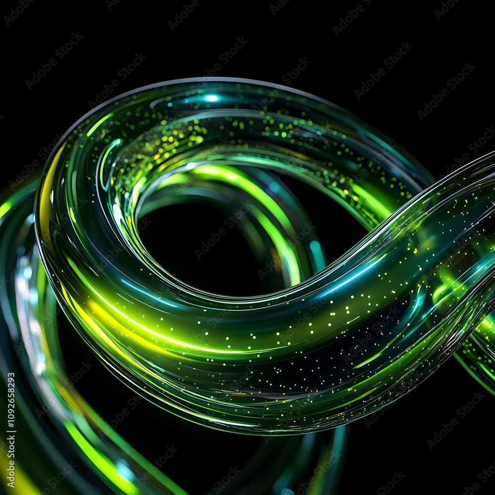 Poster abstract swirling curves with luminous green and blue colors creating a mesmerizing visual effect, e