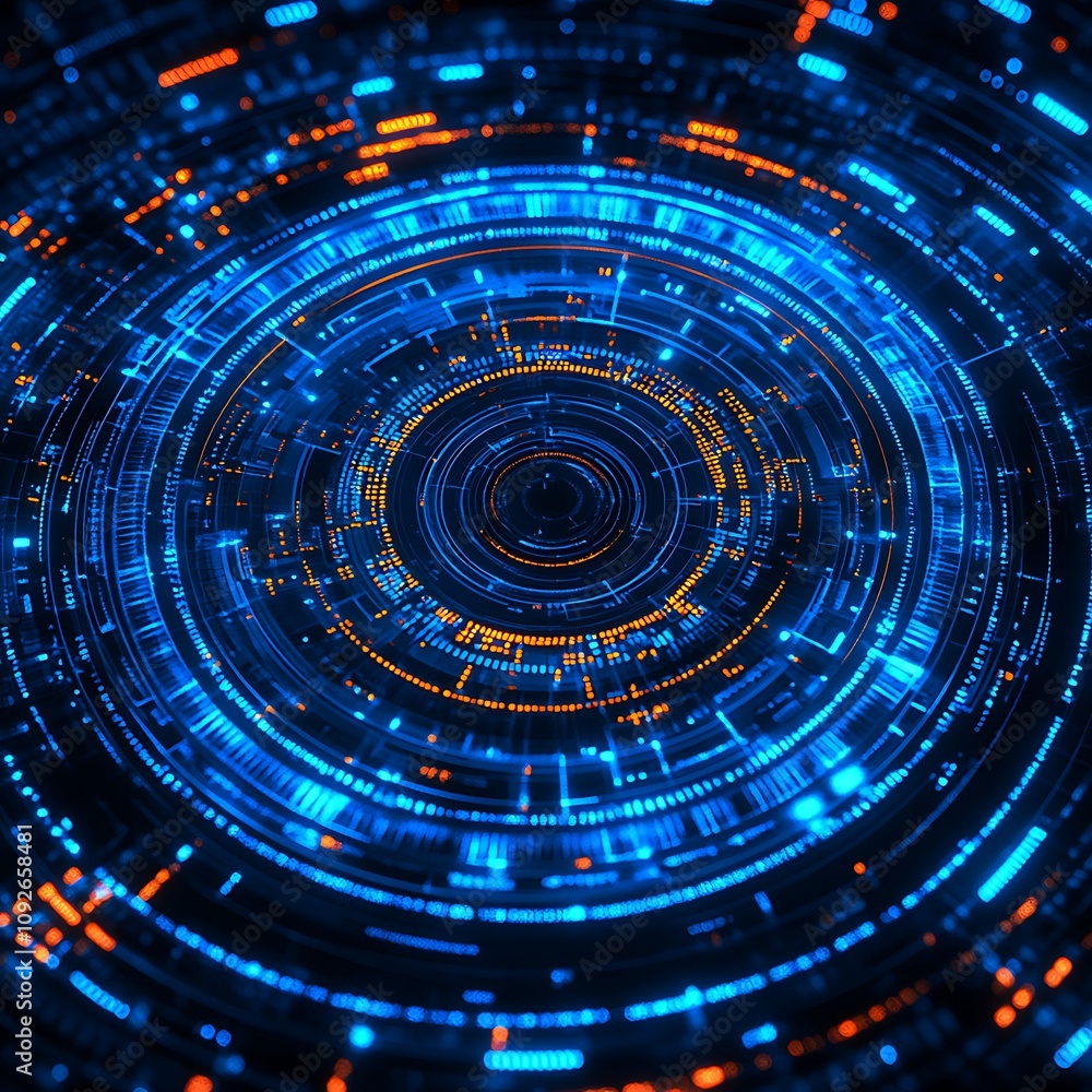 Poster abstract technological background featuring circular patterns and glowing lights in blue and orange 