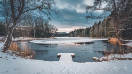 Towering pine trees and snowy landscapes, under a clear blue sky in a serene winter wilderness.