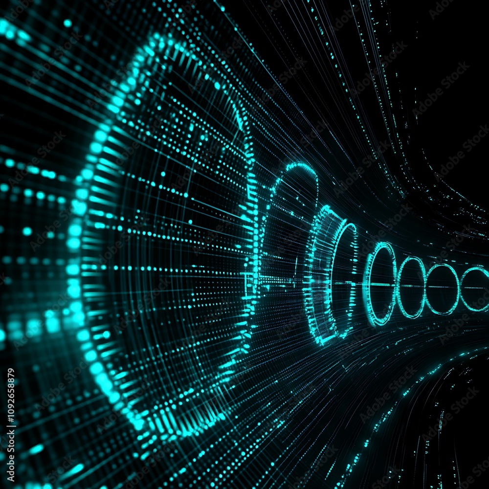 Poster abstract visualization of digital data flow, featuring vibrant blue and green particles in a dynamic