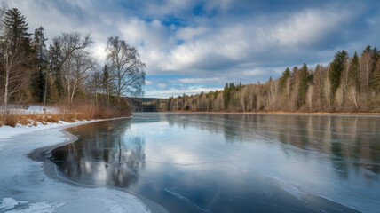 Towering pine trees and snowy landscapes, under a clear blue sky in a serene winter wilderness.