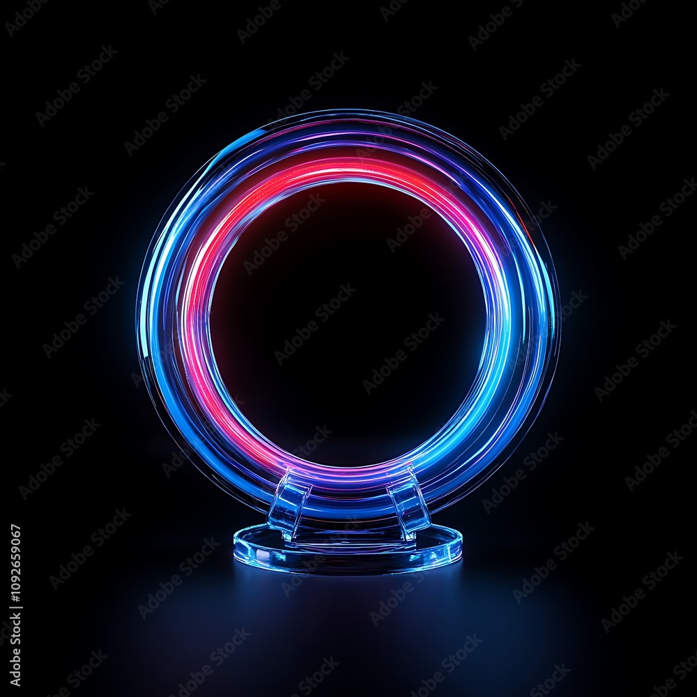 Poster bright circular neon light ring displaying vibrant red and blue hue in a dark environment with soft 