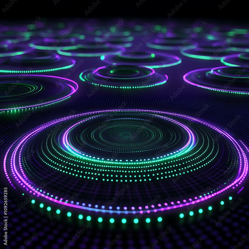 Aufkleber captivating abstract light patterns in circular shapes with vibrant green and purple dots against a 