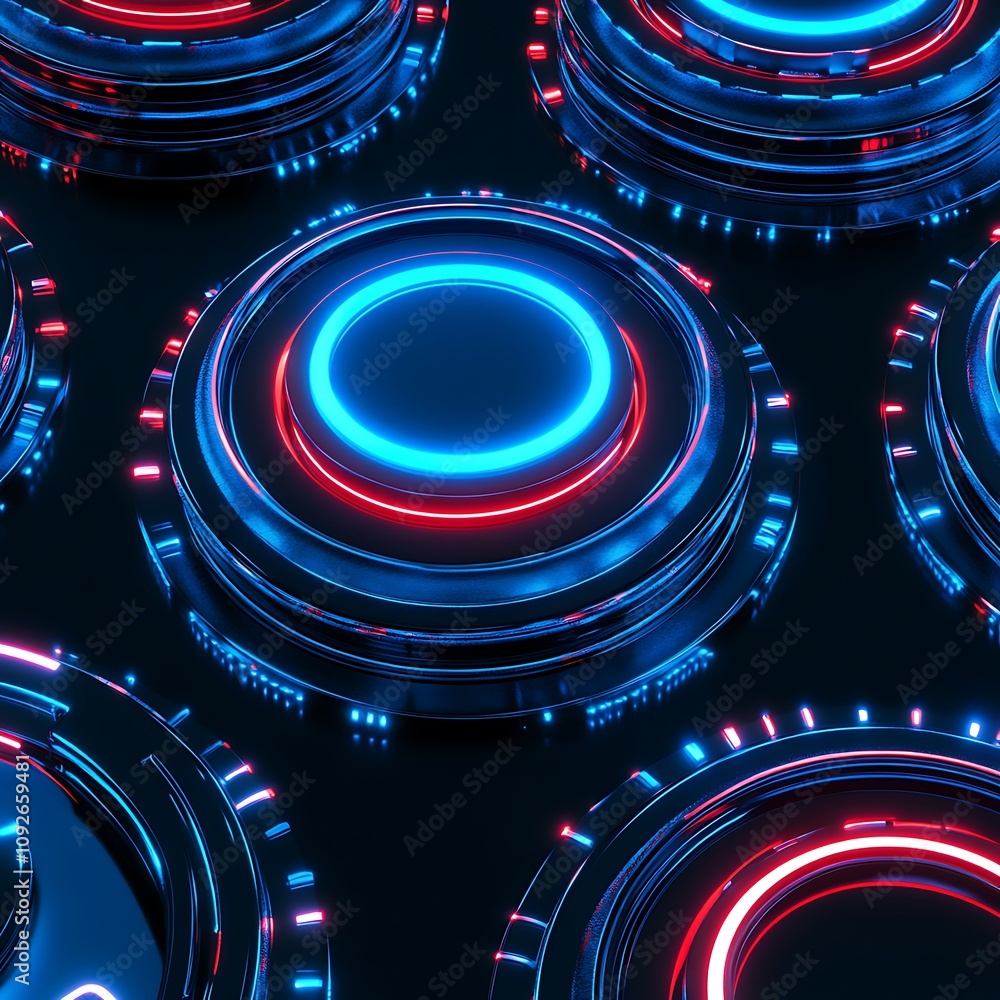Poster close-up view of futuristic circular buttons with neon glow and reflective surfaces on dark backgrou