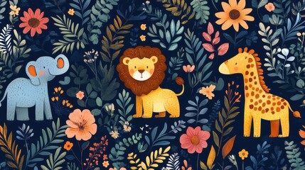 Obraz premium Playful jungle animals like monkeys, sloths, and crocodiles in a vibrant floral setting. Fun and cheerful vector illustration