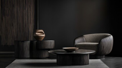 Dark Modern Furniture Arrangement With Unique Tables And Chair