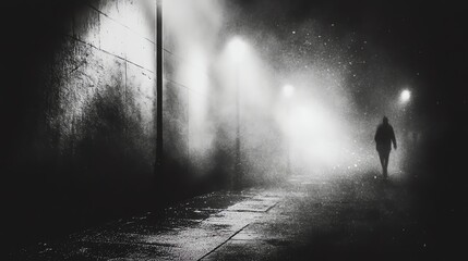 Obraz premium A lone figure walks down a foggy, dimly lit street.