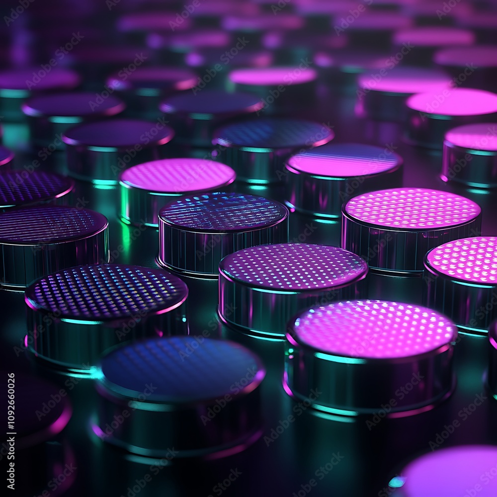 Poster colorful arrangement of glossy metallic caps with vibrant patterns, creating a visually striking abs