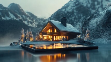 Fototapeta premium A sleek 3D-rendered mountain chalet rotating on a futuristic tablet 