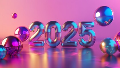 New year celebration 2025 digital artwork abstract environment futuristic concept with shimmering metallic font