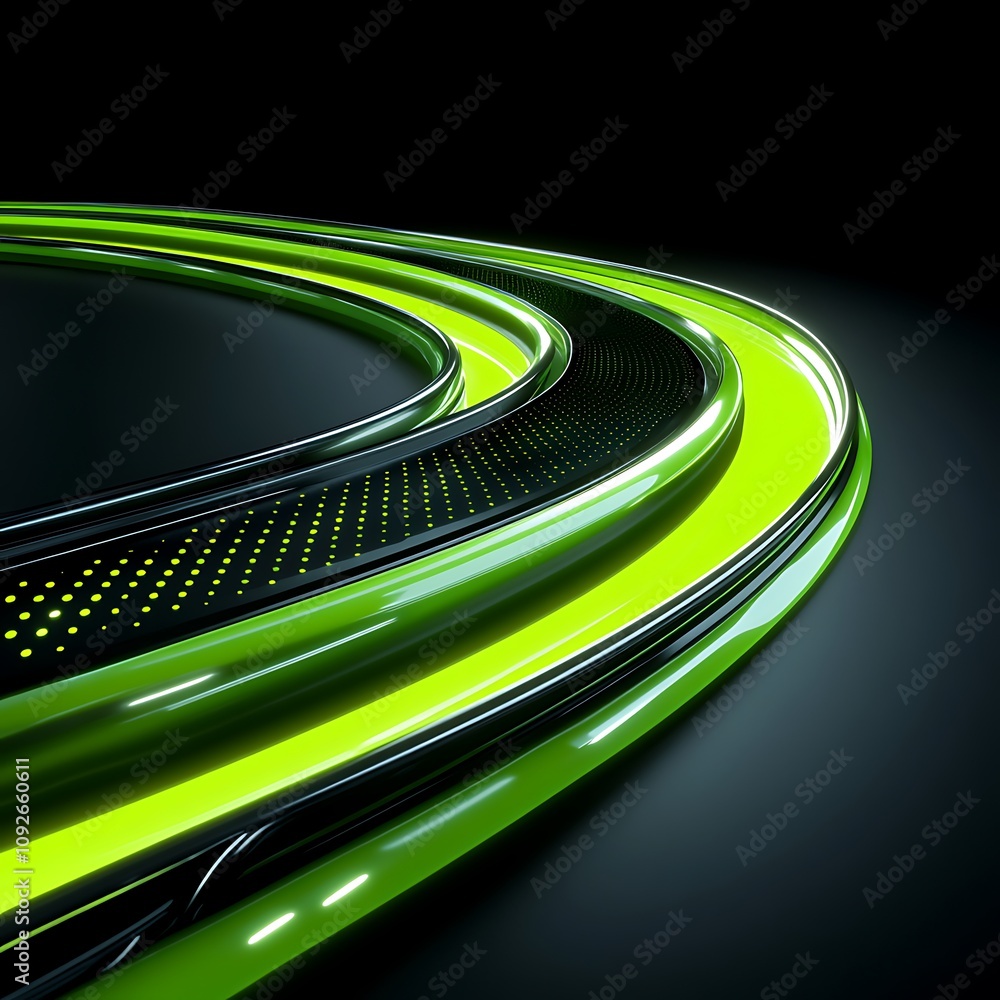 Poster dynamic abstract background with glowing green curved lines and dots on dark surface for modern desi