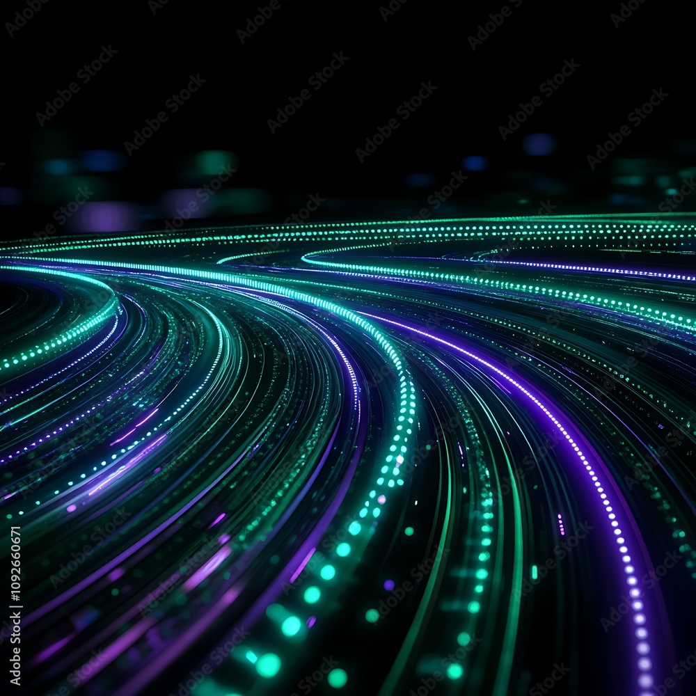 Poster dynamic flow of neon lights in an abstract setting with green and purple glows representing technolo