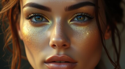 Close-up of a beautiful woman with golden glow