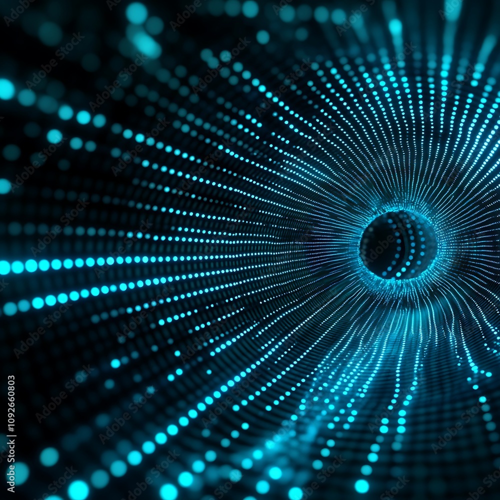 Poster dynamic neon light tunnel in abstract design, illustrating depth and flow with bright particles, per