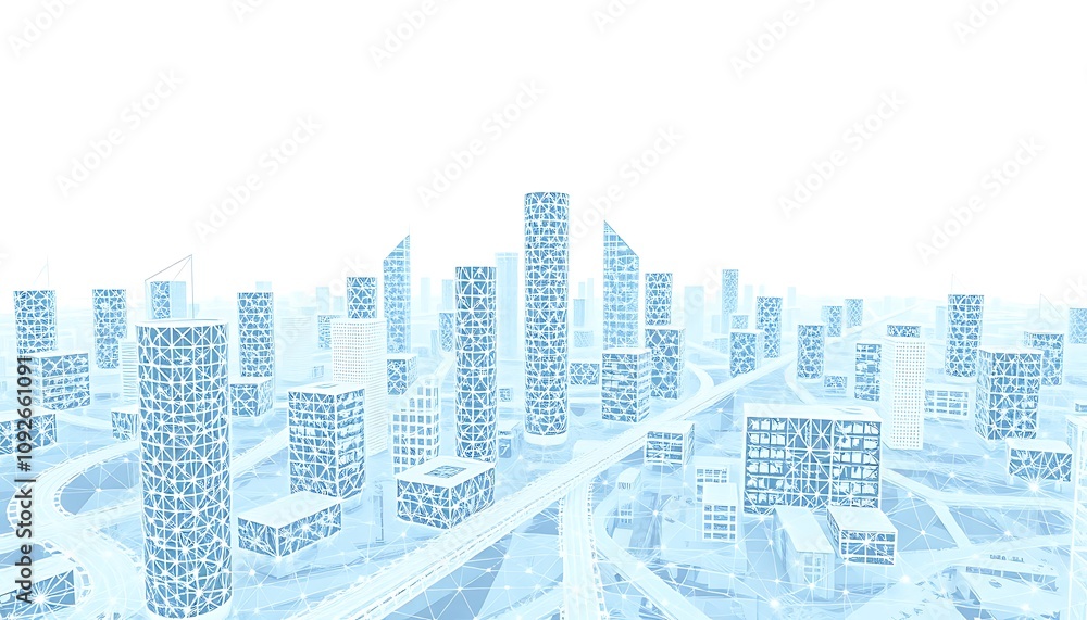 Poster a futuristic geometric cityscape rendered in a 3d computer-generated environment, featuring a crisp 