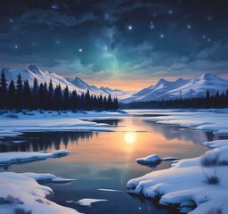 Obraz premium Illustration of winter landscape with frozen lake and starry sky.