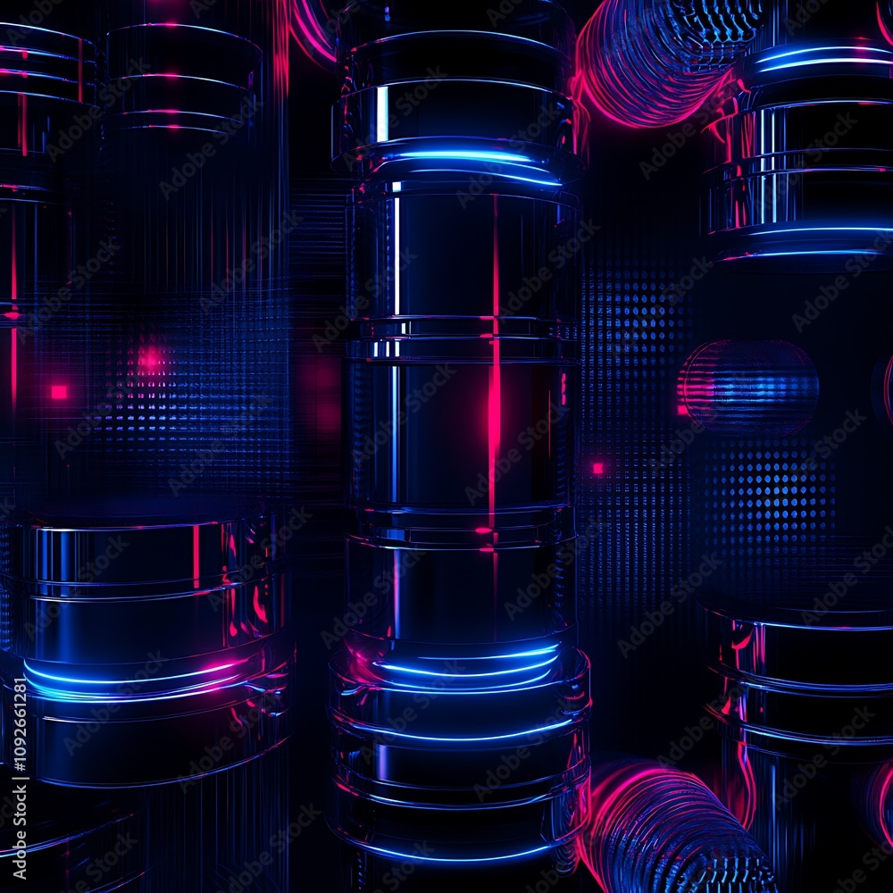 Poster futuristic abstract background with glossy cylinders and neon lighting creating an eye-catching visu