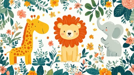 Fototapeta premium Playful jungle animals like monkeys, sloths, and crocodiles in a vibrant floral setting. Fun and cheerful vector illustration