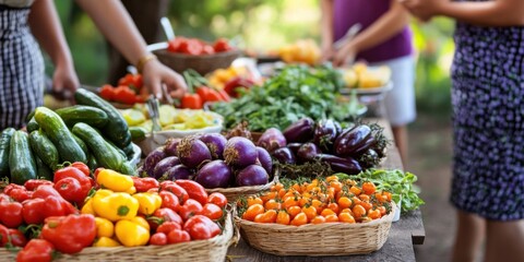 Diverse group sharing a meal outdoors, showcasing cultural dishes and vibrant interactions, inclusive atmosphere,