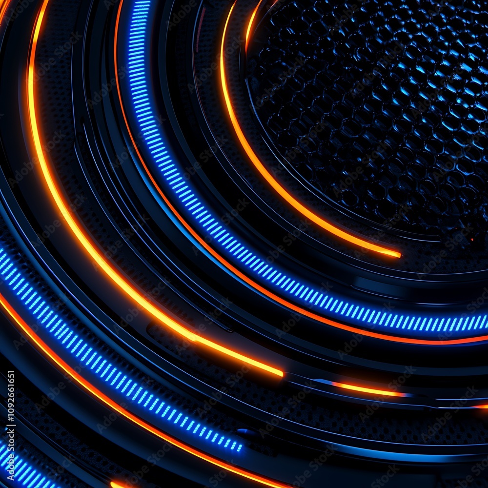 Poster futuristic abstract background with glowing neon circles and honeycomb patterns, ideal for technolog