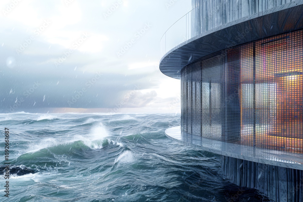 Poster view of the ocean intake structure with large mesh screens filtering out marine life, positioned aga