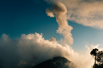 Volcano Fuego erupting at night from view of Volcano Acatenango, Guatemala.