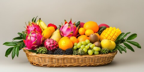 Fresh fruit basket featuring exotic options like dragon fruit, starfruit, and mango, colorful and...