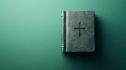 Minimalist green leather Bible with an embossed gold cross isolated on a matching green background, symbolizing faith, simplicity, and devotion.