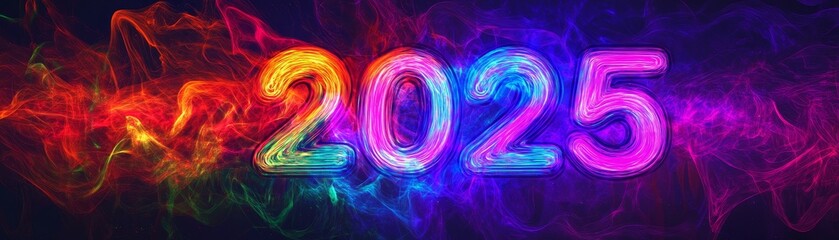 Laser light effects creating vibrant numbers 2025 digital art showcase indoor gallery futuristic atmosphere visual art concept for seo impact