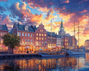 Obraz premium Stunning Wilhelmshaven Cityscape at Dusk with Vibrant Skyline and Reflections on Water for Urban Photography Enthusiasts