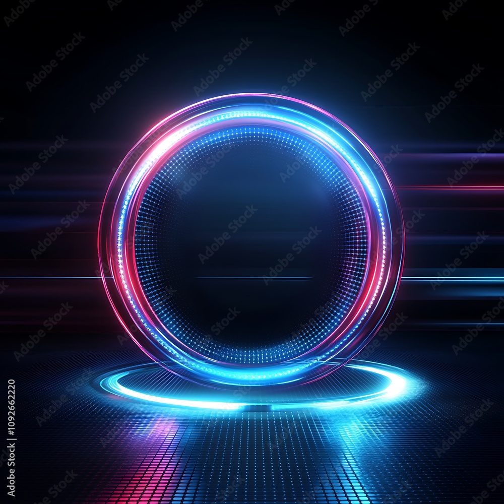 Poster futuristic abstract circle in neon lights with dynamic motion and glowing effects on a dark backgrou