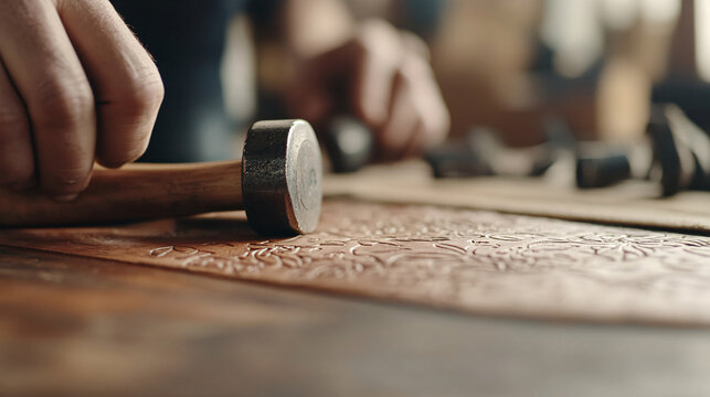 A skilled artisan carefully embossing a piece of leather with an intricate floral pattern. The tools, including a mallet and metal stamps, are arranged neatly on a wooden workbench, capturing the - Powered by Adobe