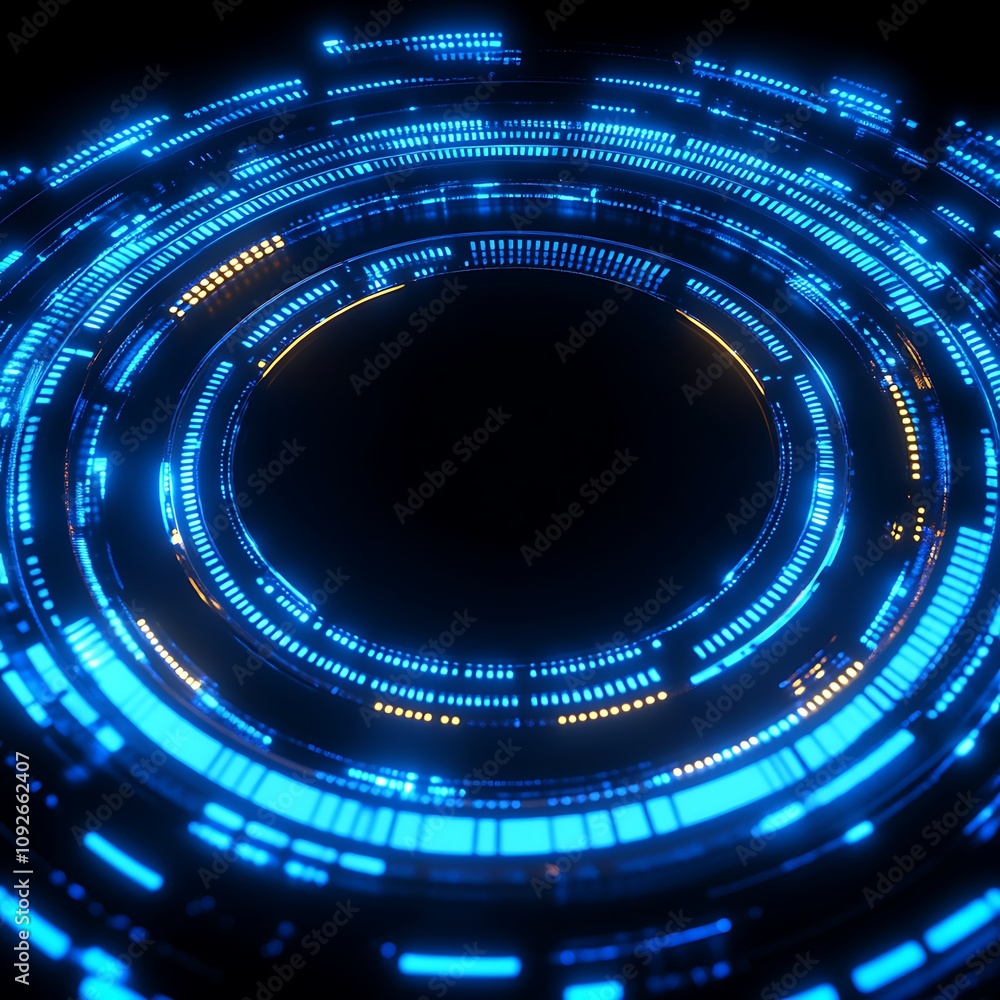 Poster futuristic abstract circular design with glowing blue and orange lights, high-tech digital backgroun