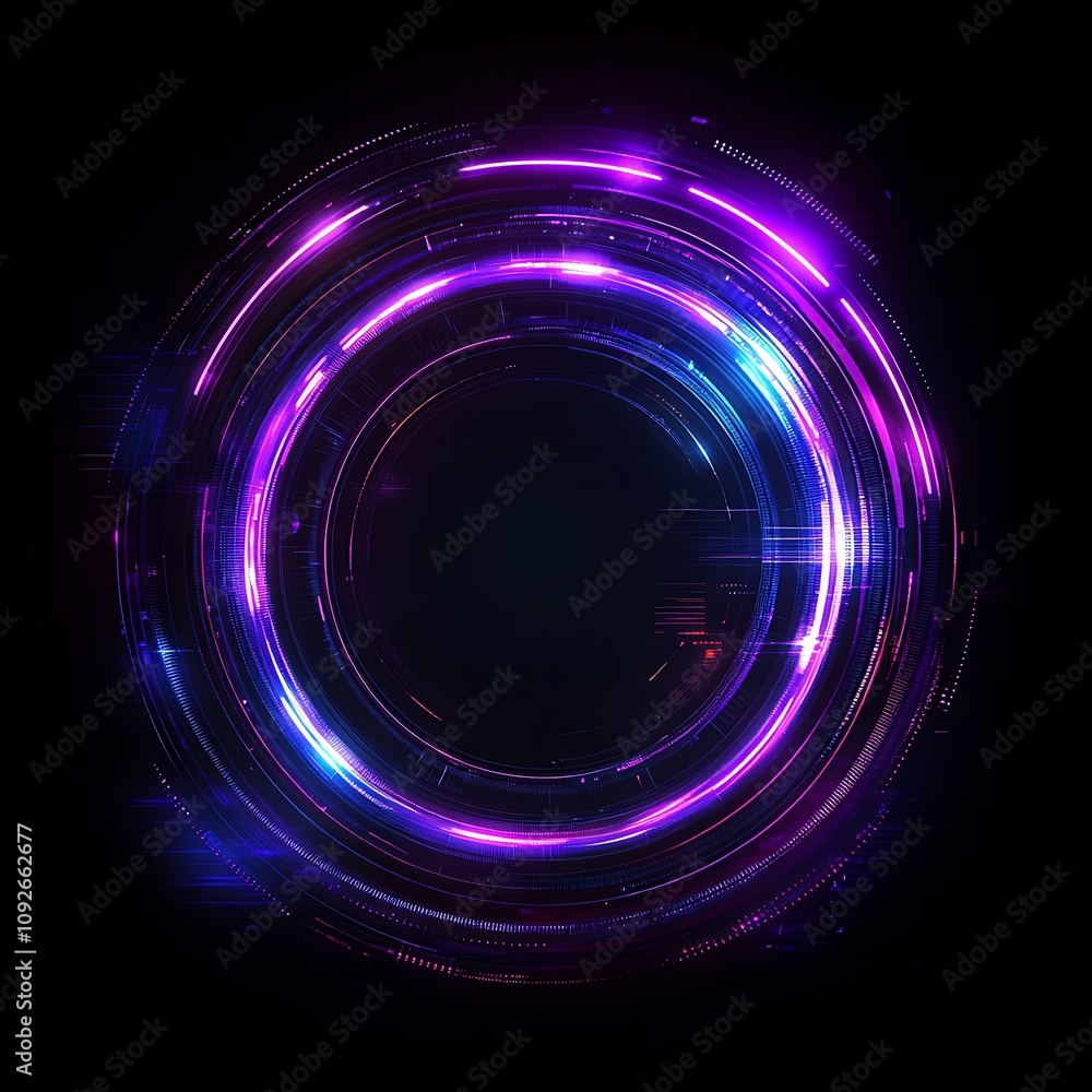 Poster futuristic abstract circular light pattern with vibrant purple and blue glow on dark background for 