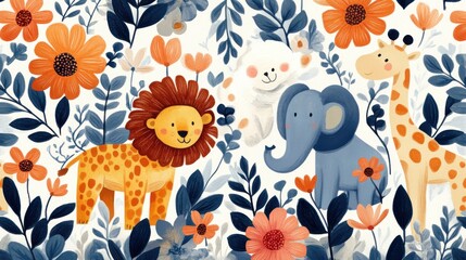 Fototapeta premium Playful jungle animals like monkeys, sloths, and crocodiles in a vibrant floral setting. Fun and cheerful vector illustration