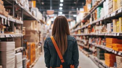 Fototapeta premium Woman in a denim jacket shopping in a hardware store aisle, surrounded by organized shelves of tools, materials, and construction supplies under bright lighting.
