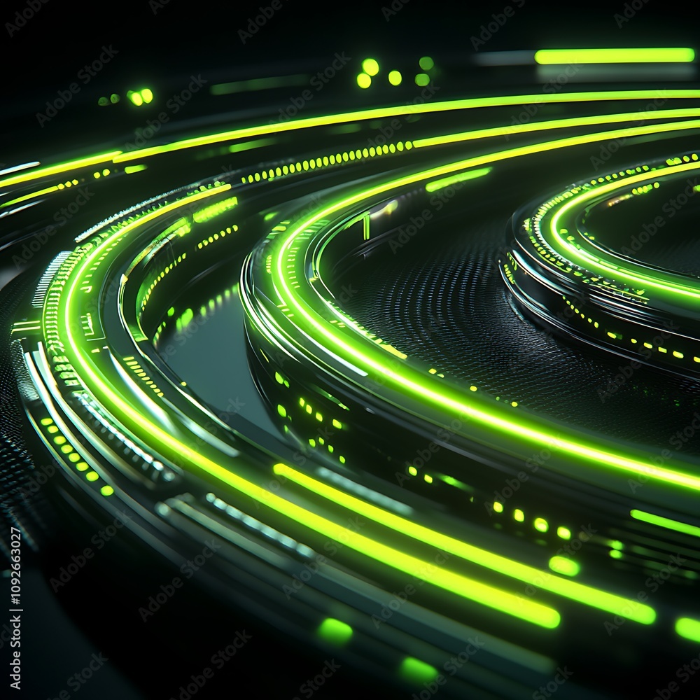 Poster futuristic abstract curves with glowing lines and patterns in a digital environment, showcasing a me