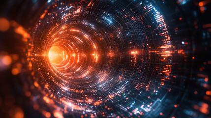 Bright swirling tunnel of light with vibrant colors showcasing digital energy in a futuristic atmosphere. Generative AI