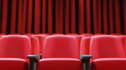 Fototapeta premium A vibrant red theater seating arrangement in front of a matching curtain, creating an inviting space for audiences.