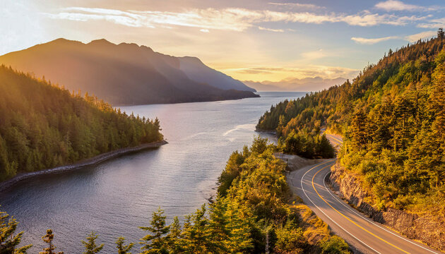 A road winding along the shore of a lake in the late autumn afternoon sun with trees and a mountain in view