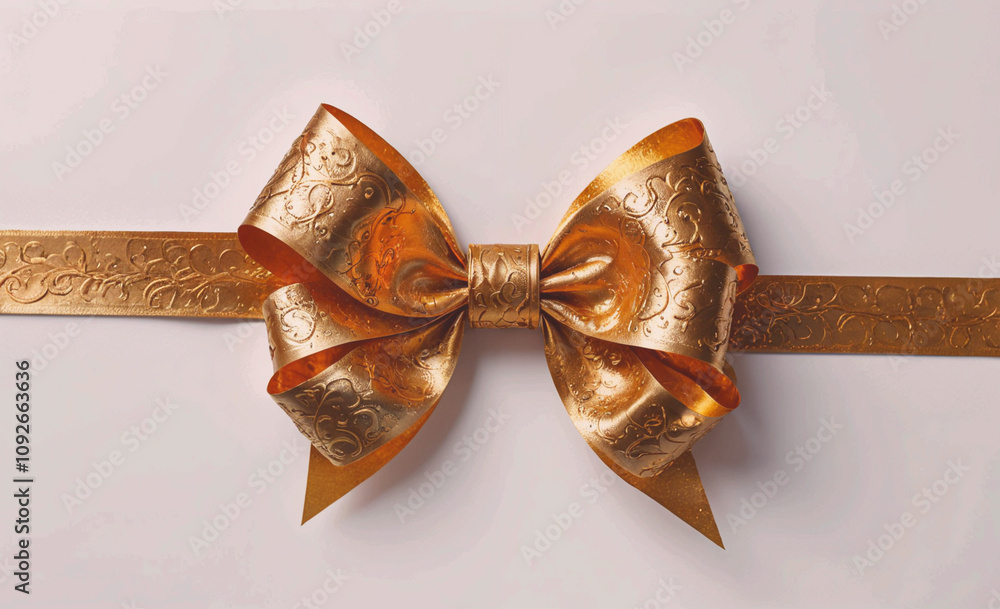 Poster shiny gold ribbon bow is placed on a white surface. the bow is made of gold material and has a gold 