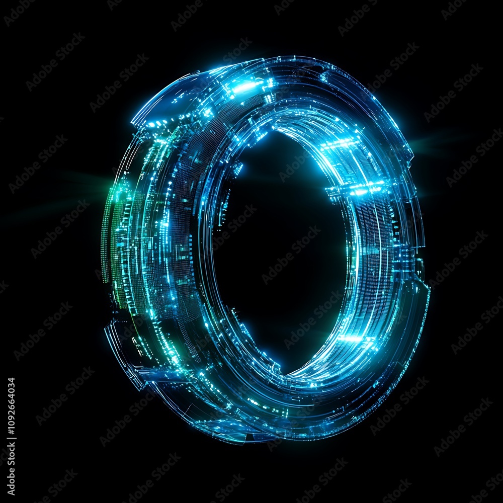 Poster futuristic abstract digital ring with glowing lights and data patterns for technology, science, and 