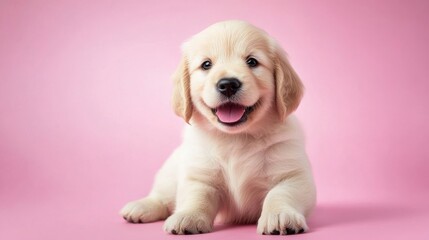 Cute golden retriever puppy sitting on a pink background with a joyful expression